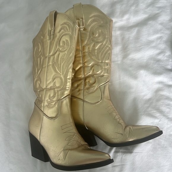NASTY GAL - METALLIC FAUX LEATHER KNEE HIGH COWBOY BOOTS - Picture 7 of 7